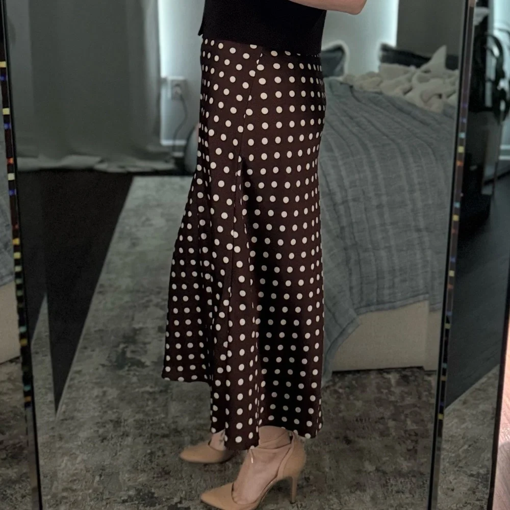 Fall Old Money Style Women's Chocolate Brown / White Polka Dot Satin Long Skirt - Picture 7 of 11